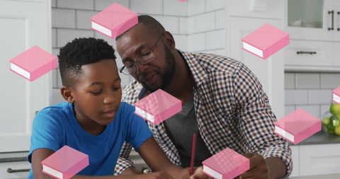 Father Helping Son with Homework and Pink Book Icons Overlay - Download Free Stock Images Pikwizard.com