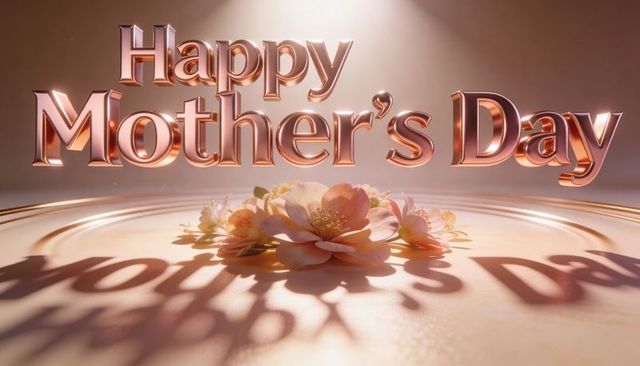 Rose-gold happy mother's day metallic text with pink blossom reflection and soft lighting