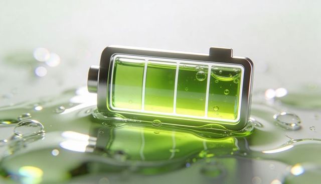 Neon green battery capsule floating on wet surface with liquid bubbles and reflection