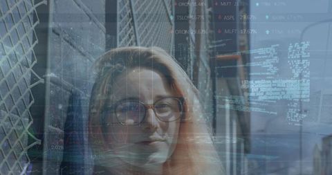 Blend of financial data and businesswoman enhances analytics connectivity