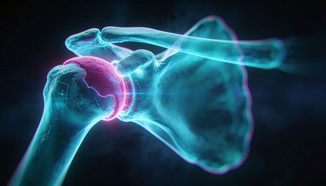 Glowing 3D shoulder joint showing proximal humerus, glenoid and cartilage detail