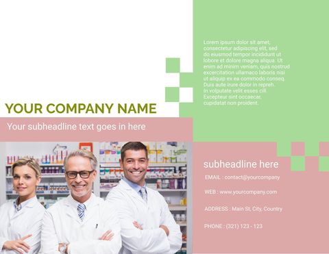 Pharmacists standing confidently with medical services information create a trustworthy impression. Ideal for marketing materials in healthcare industries such as brochures for clinics, pharmacies, or healthcare workshops.