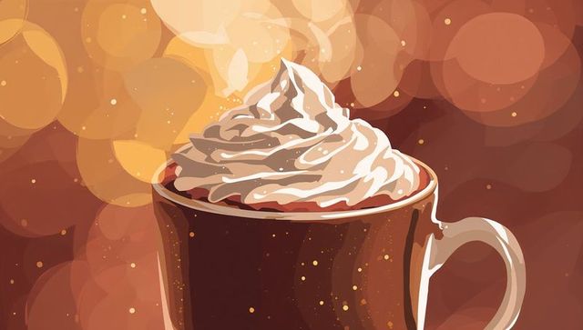 Steaming hot cocoa mug topped with whipped cream, golden bokeh, cozy holiday warmth