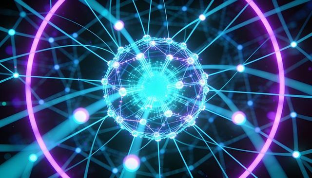 Neon geodesic network sphere emitting cyan energy core with magenta light rings
