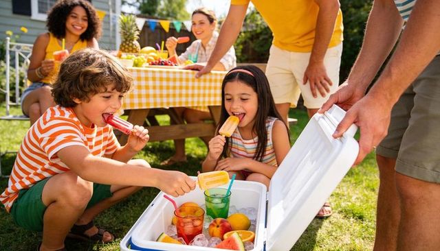 Children enjoying popsicles at backyard family picnic with cooler full of fruit and drinks
