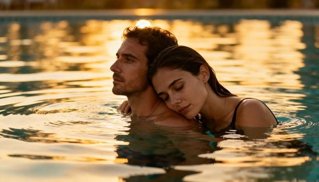 Couple resting and embracing in sunlit pool at sunset with golden water reflections