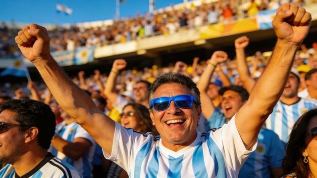 Hispanic fan celebrating with arms raised in blue-white jersey and sunglasses