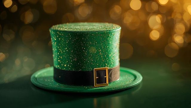Sparkling emerald top hat with gold buckle and black band, warm bokeh background