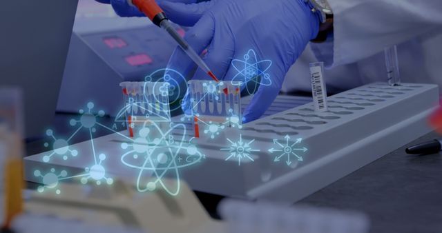 Scientist using a pipette for DNA analysis in a laboratory, surrounded by test tubes and scientific icons representing molecular structures. This can be used to depict advanced scientific research, biotechnology studies, and laboratory work in promotional materials, educational content, and science-related publications.