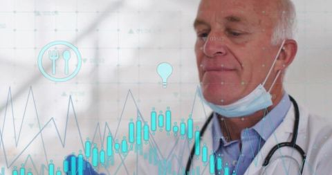 Senior Doctor Analyzing Digital Health Data with Stethoscope and Mask