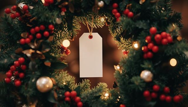 Holiday Wreath with Blank Tag and Festive Decorations