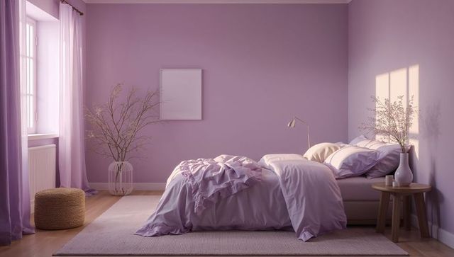 Sunlit lavender minimalist bedroom featuring rumpled duvet on queen bed with nightstand