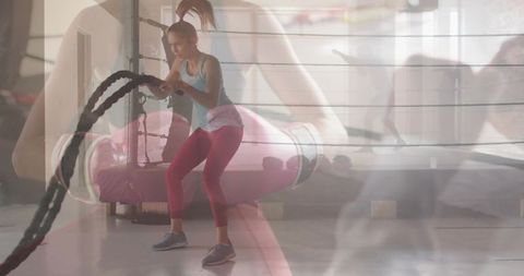 Woman doing battle ropes in boxing gym with translucent layered motion effect studio workout