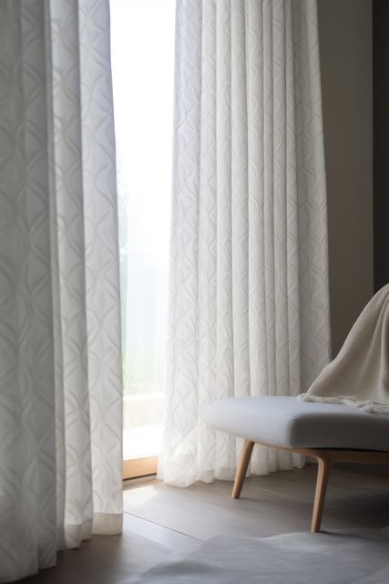 White curtains with patterns hanging in room with window, created using generative ai technology. Interior design, home decor and fabric concept digitally generated image.