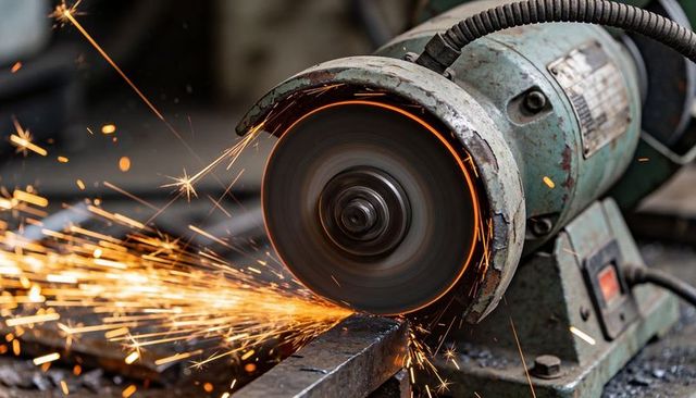 Bench grinder producing bright orange sparks while grinding steel bar close-up
