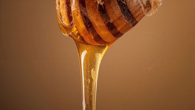 Pouring Honey Stream from Wooden Dipper with Golden Bubbles and Glinting Amber Viscosity