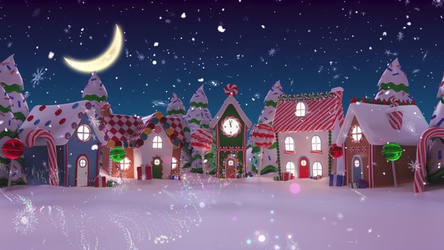 Charming village setting featuring houses adorned with bright Christmas decorations and a lively moonlit sky. Starry atmosphere perfect for celebrating Christmas spirit. Suitable for holiday advertisements, festive greeting cards, or social media to evoke a magical winter wonderland experience.