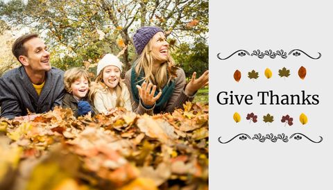 family surrounded by colorful autumn leaves enjoying a moment of gratitude. suitable for holiday greeting cards, thanksgiving promotions, or announcements related to fall festivals, embodying the warmth and unity of family during the holiday season.