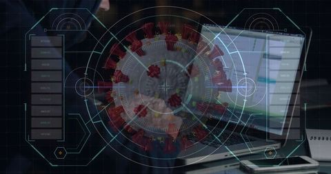 Hacker Typing on Laptop with Digital Virus Visualization Overlay