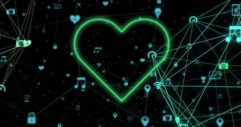 Digital Heart with Connected Network Nodes and Symbols