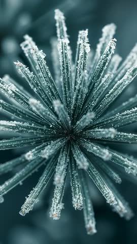 Vertical Macro Video of Frosty Droplets Sparkling on Spiky Seed Head, Geometric Botanical Texture