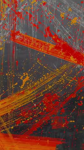 Vertical panning revealing textured abstract canvas with bold orange bars and silver drips