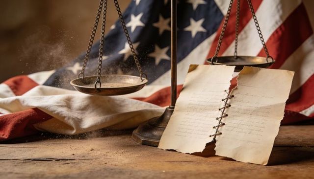Balancing scales holding torn parchment laced with cord on worn table with folded us flag