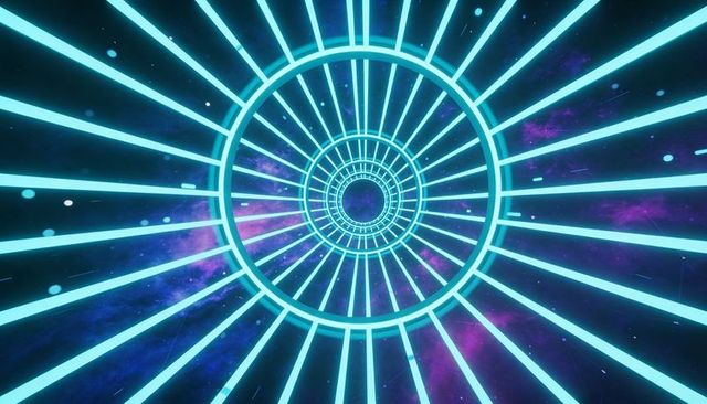 Neon spiral tunnel drawing eye inward with glowing cyan rings and cosmic nebula vortex