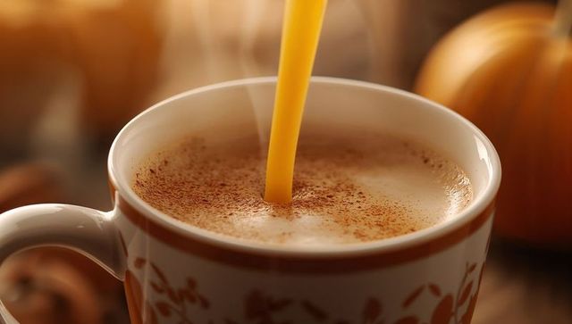 Serving Pumpkin Spice Coffee with Enticing Creamer Swirl and Autumn Decor