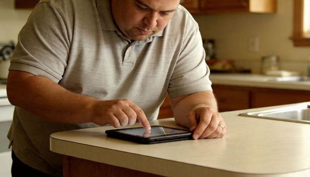 Middle-aged Man Leaning on Kitchen Counter Using Tablet Touchscreen for Home Technology