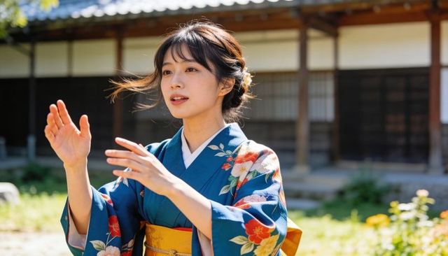 Young asian woman wearing blue kimono and yellow obi gesturing in sunlit traditional courtyard