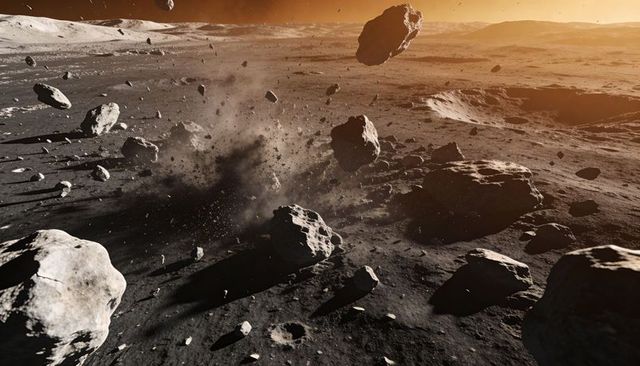 Asteroid impact launching ejecta and boulders across rocky regolith landscape