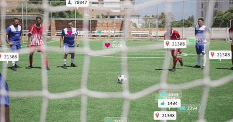 Young adults playing soccer with social media elements overlay