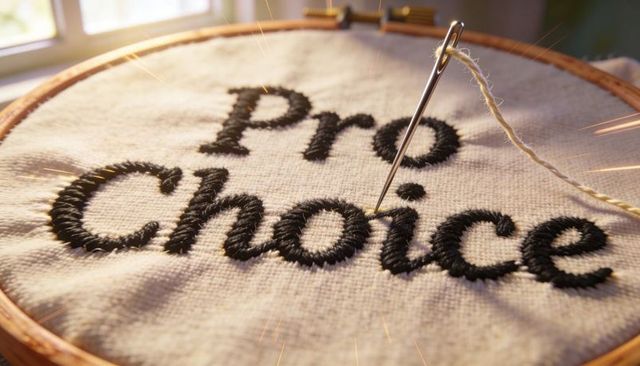 Embroidering Pro Choice Text with Needle in Hoop on Fabric Advocating Reproductive Rights