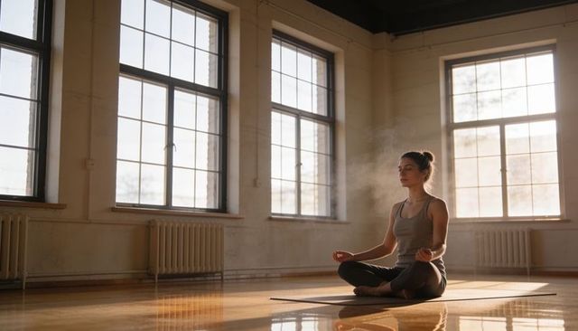 Woman meditating in sunlit loft studio with large industrial grid windows