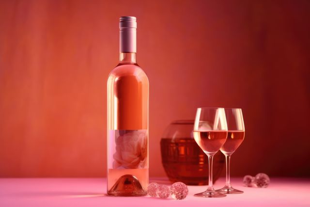 Bottle and two glasses of rose wine on pink background, created using generative ai technology. Wine week, drink, alcohol and wine tasting awareness concept digitally generated image.