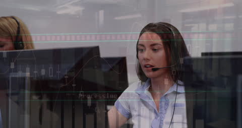 Call Center Worker Analyzing Data with Graph Overlay