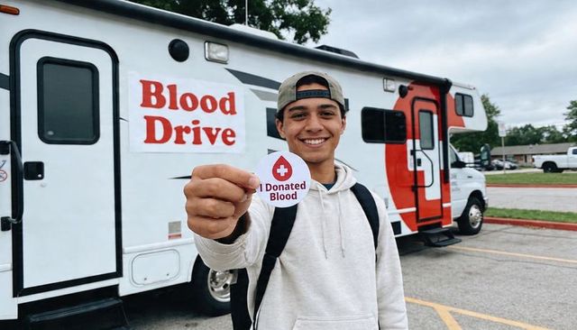 Smiling young donor holding 'i donated blood' sticker in front of mobile blood drive van outdoors