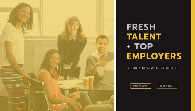 Promoting career opportunities, a diverse group of professionals embodies collaboration and ambition. This template could also serve for educational program advertisements or team-building workshop promotions.
