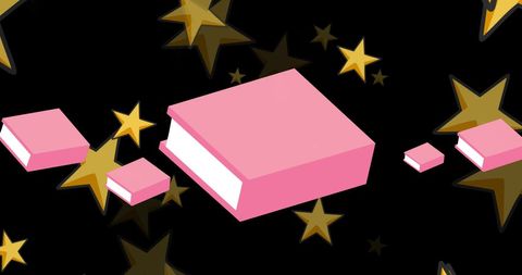 Floating pink books with stars on black background