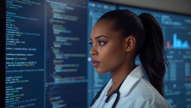 Doctor analyzing computer code in hi-tech lab setting