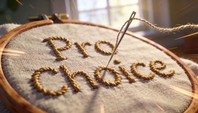 Golden thread embroidery hoop spelling pro choice needle stitching close-up
