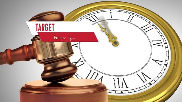 Illustration depicting judicial themes with a focus on justice and law. A gavel is shown beside a clock, emphasizing concepts of time within the judicial process. The added graphic element 'target processing' conveys themes of decision-making and progress in legal matters. This could be used in presentations or media discussing legal proceedings, case resolutions, or time management within the courtroom setting.