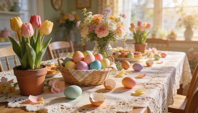 Displaying pastel easter eggs in wicker basket on lace table with tulips, sunlit bouquet