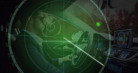 Executive driving luxury car monitoring green hud radar infotainment and driver assistance