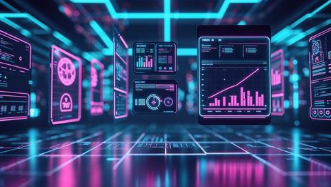 Futuristic neon data analysis in virtual holographic environment