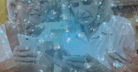 Senior Women Engaging with Digital Currency Network on Smartphones