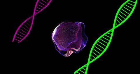 Neon dna helices framing pulsing wireframe energy orb in futuristic digital void