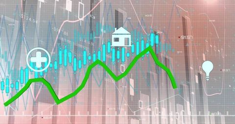 Tracking market trends with bold green trend line over financial analytics dashboard and sector icon