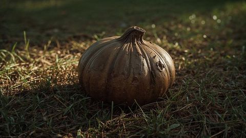 Metallic Gold Artisan Pumpkin on Sunlit Grass in Nature